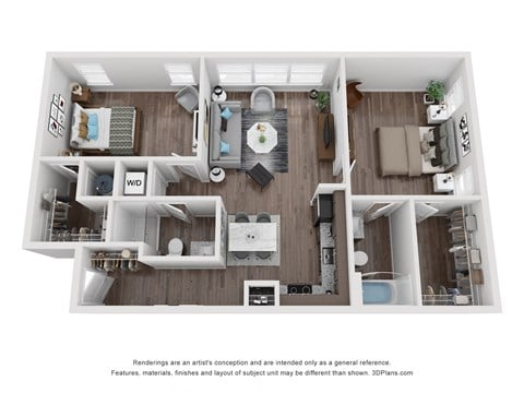 Floor plan for 2 beds, 2 baths, 955 sqft